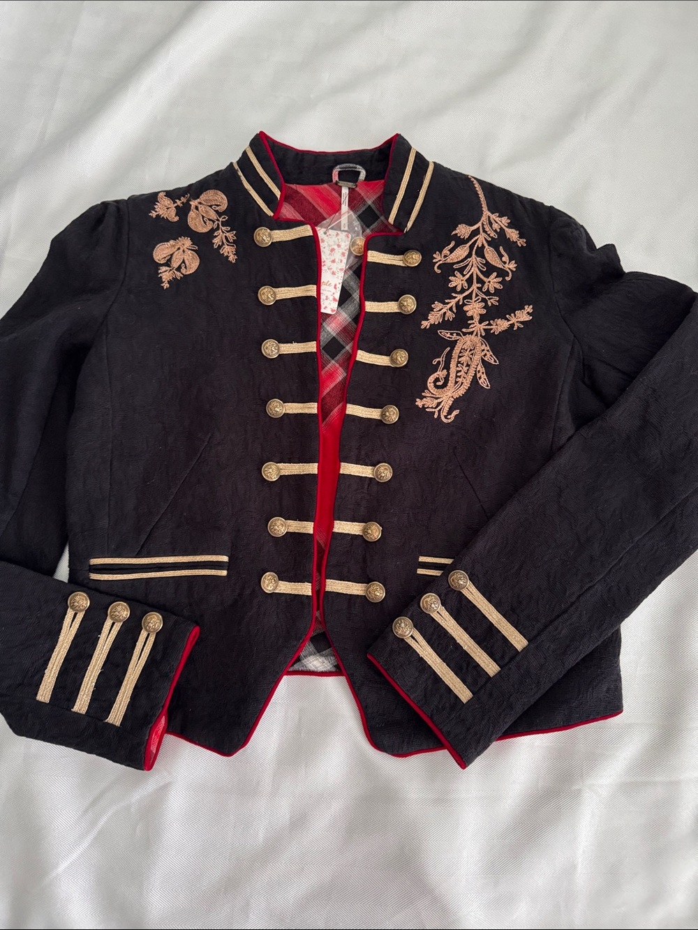 Free People Black Military-Style Embroidered Blazer with Red Trim